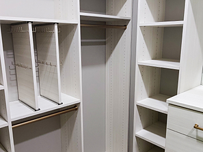 corner section of whelving and wire racks of diy custom closet system 
